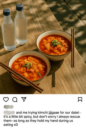 Kimchi jjigae's date with my beloved. Pls, they are so cute when they can't take the spiciness xD but no worries~ Super-Byeong-ho-Man come to their rescue and finish their noodles~ ((as long as they holding my hands, it's a better price :p))