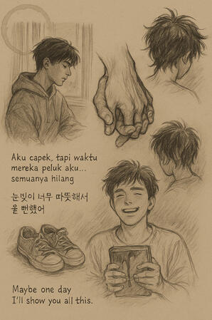 “눈빛이 너무 따뜻해서 울 뻔했어. (Their eyes were so warm I almost cried.)” || "Aku capek, tapi waktu mereka peluk aku...semuanya hilang. (I was tired, but when they hugged me...everything went away.)"